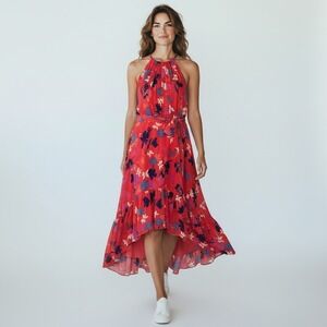 Vince Camuto High Neck Floral High‎ Low Chiffon Tiered Dress Women Cottage  18W